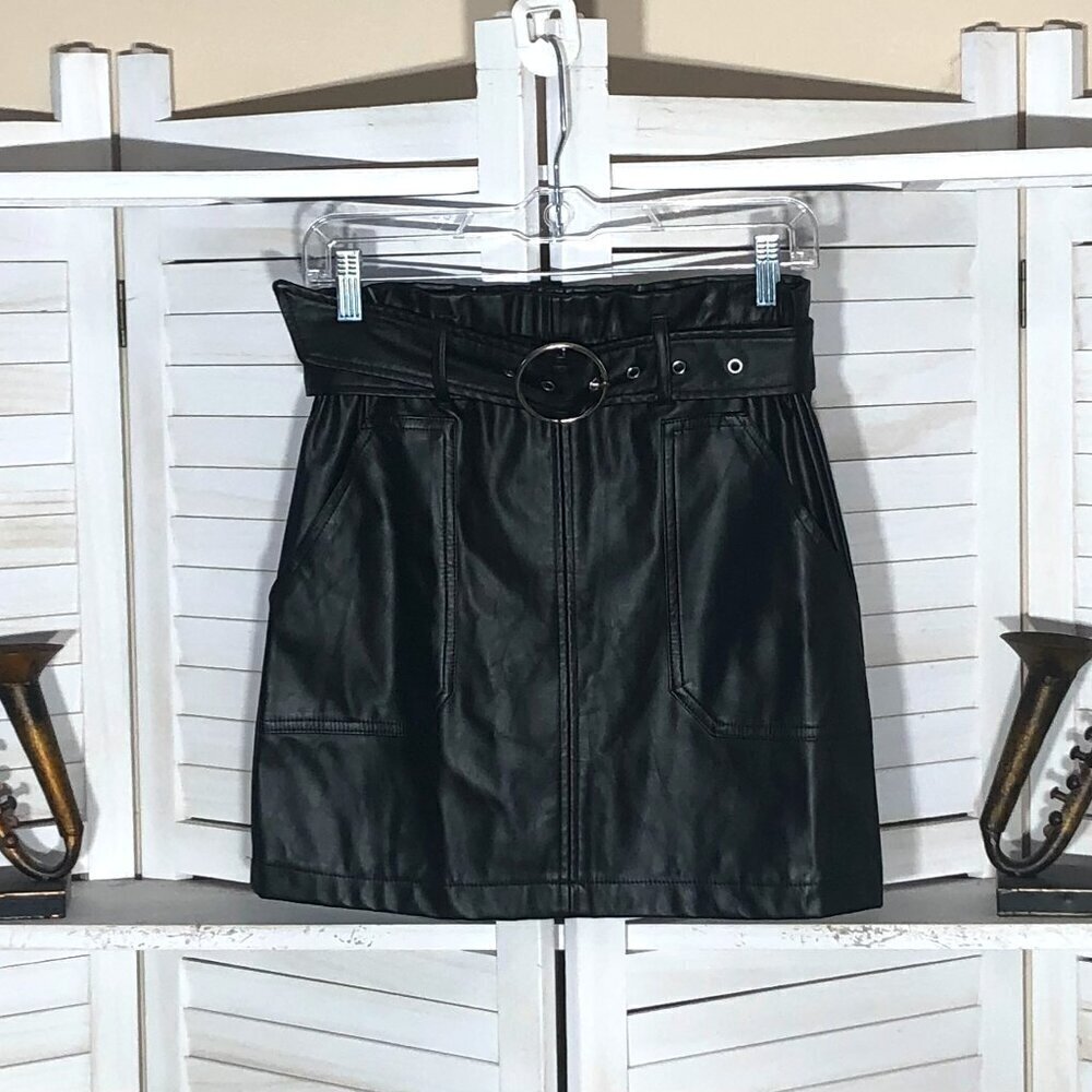 Black mini skirt faux leather belt pocket rave punk biker rocker goth festival S
